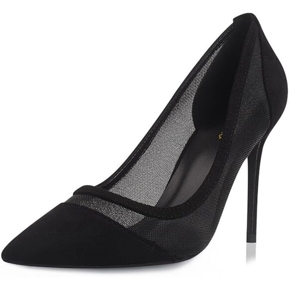 Women Black Mesh Polyurethane Closed Pointed Toe Stiletto High Heel Shoes Pumps - Picture 1 of 10